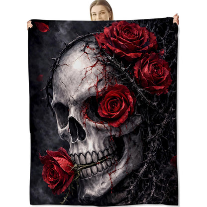 cromcu Gothic Skull Rose Flannel Throw Blanket, 50x60in, Soft Warm Cozy Blankets with Skull and Red Rose, Gothic Gifts for Women Skeleton Lovers, Halloween Home Decor Dorm Office Travel Camping
