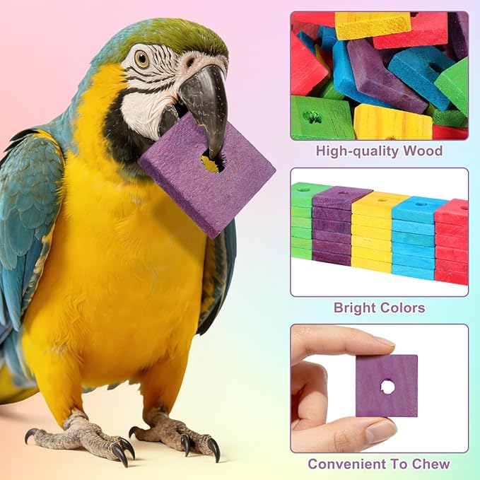 NOLITOY 100Pcs Wooden Parrot Chewing Toy Blocks with Hole Bird Bite Toy for Cockatiels Parakeets Macaws African Grey DIY Wood Chip Design for Pet Entertainment and Skill Development
