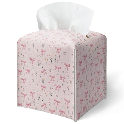 Pink Bows With Ditsy Flowers Tissue Box Cover, Girly Cute Floral Prints Tissue Box Cover Square-Waterproof Leather, Desktop Decor for Kitchen, Bathroom, Nightstand, Office, Gift for Women & Friend-A24