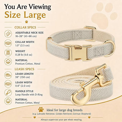 Herringbone Tweed Dog Collar and Leash Set for Large Dogs, Gray | Snag-free, no-rub design. Soft breathable cotton, gentle on fur. Adjustable durable matching combo for walks & outdoors.