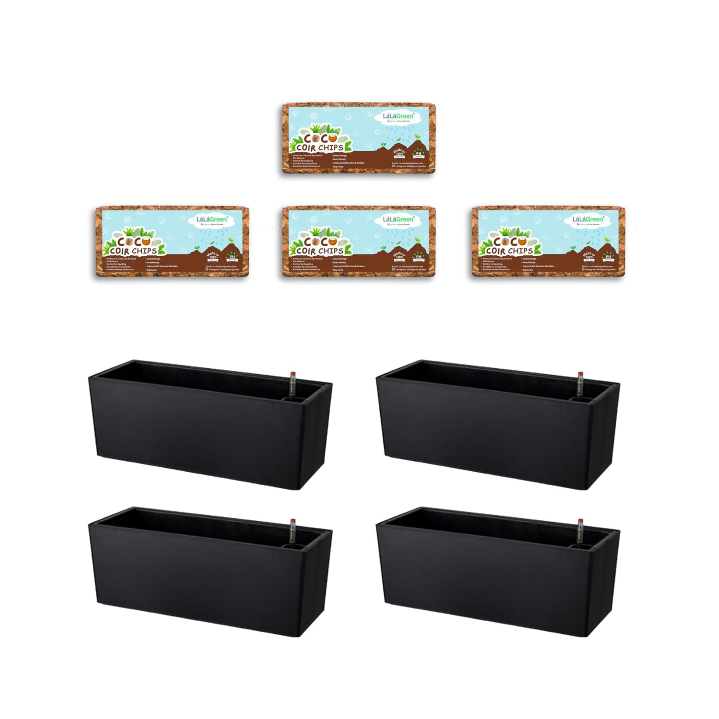 LaLaGreen Bundle- 4 Pack, 500g Coconut Coir Chips + 4 Pack,20 Inch Self Watering Plastic Planter with Bracket Hanging Window Box Flower Pot Outdoor Planting Soil Organic Compressed Seedling Fiber Husk