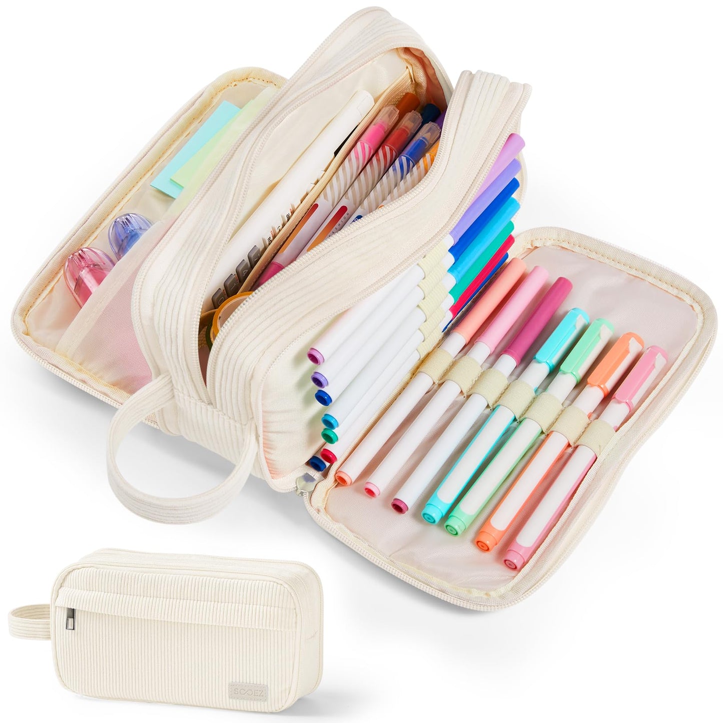 Sooez High Capacity Pencil Case, Soft Corduroy Pencil Pouch with 4 Compartments, Multiple Pockets, Large Pencil Bag with Sturdy Zipper, Cute Pencil Case Pouch Organizer for Student Teen Girls, Beige