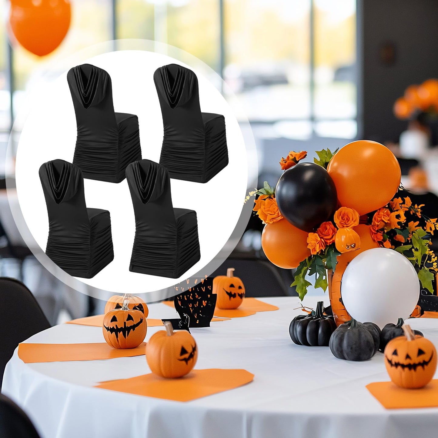 Fanfanwin 4 Pcs Black Chair Covers Ruched Swag Back Stretch Spandex Fitted Banquet Chair Covers with Foot Pockets for Wedding & Event Decor