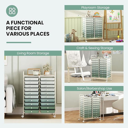 Giantex 20 Drawers Rolling Cart, Mobile Storage Drawer Cart, Classroom Organizer Cart for Office School Supplies Tools Scrapbook Paper Craft Small Printer, Utility Cart on Wheels, Green Gradient