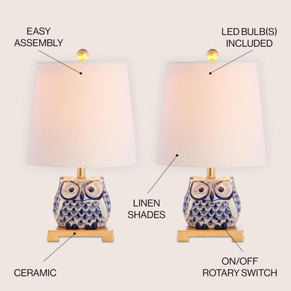 JONATHAN Y 16" Blue/White Ceramic Owl Mini Table Lamp for Bedroom or Office, Modern Farmhouse Nightstand Lamp with White Linen Shade, LED Bulb Included (JYL3014A-SET2)