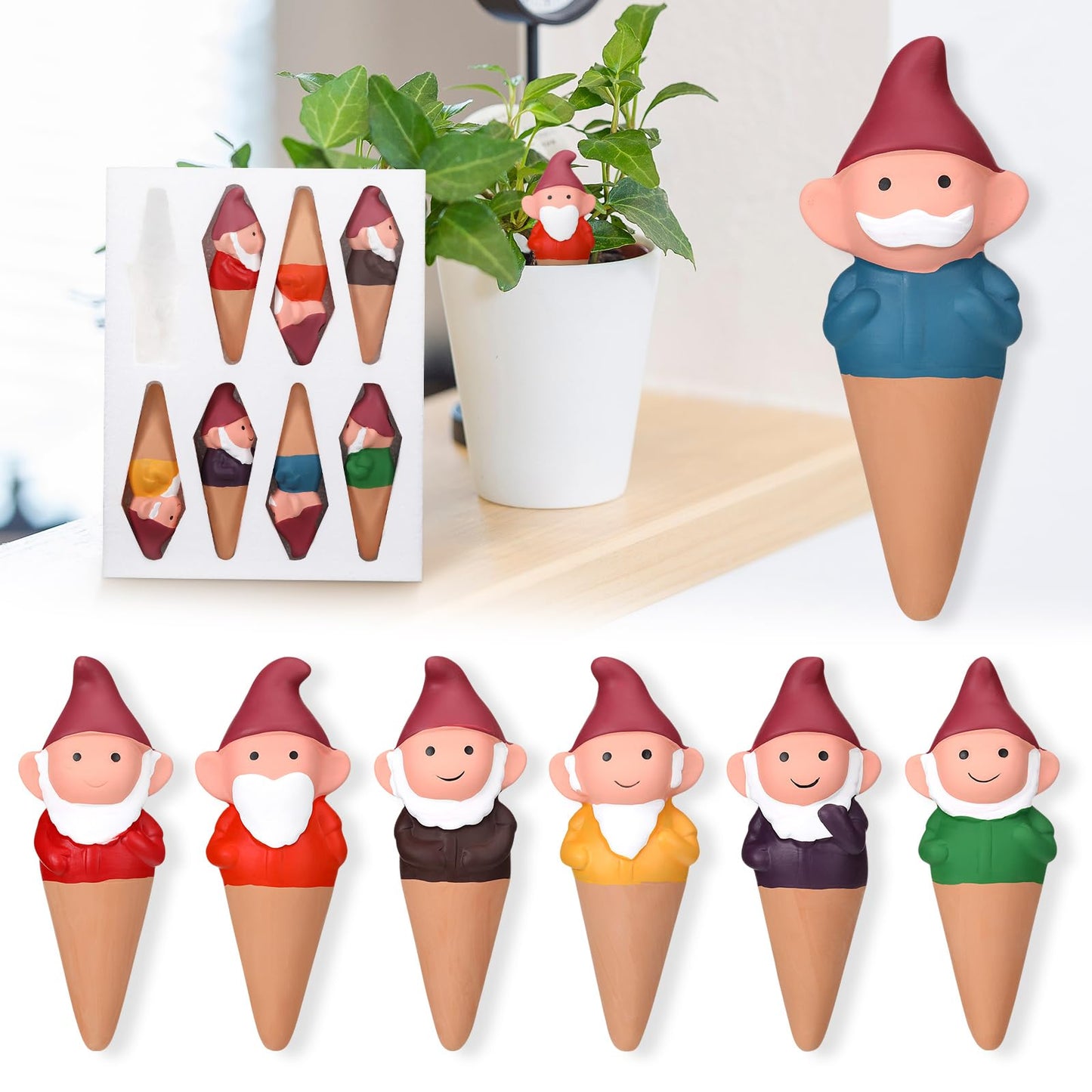 Teenyyou 7 Pcs Terracotta Self Watering Spikes Gnomes Auto Water Planter Insert Small Watering Globes Slow Vacation Garden Waterer Cute Devices for Indoor Outdoor House Plant Accessories