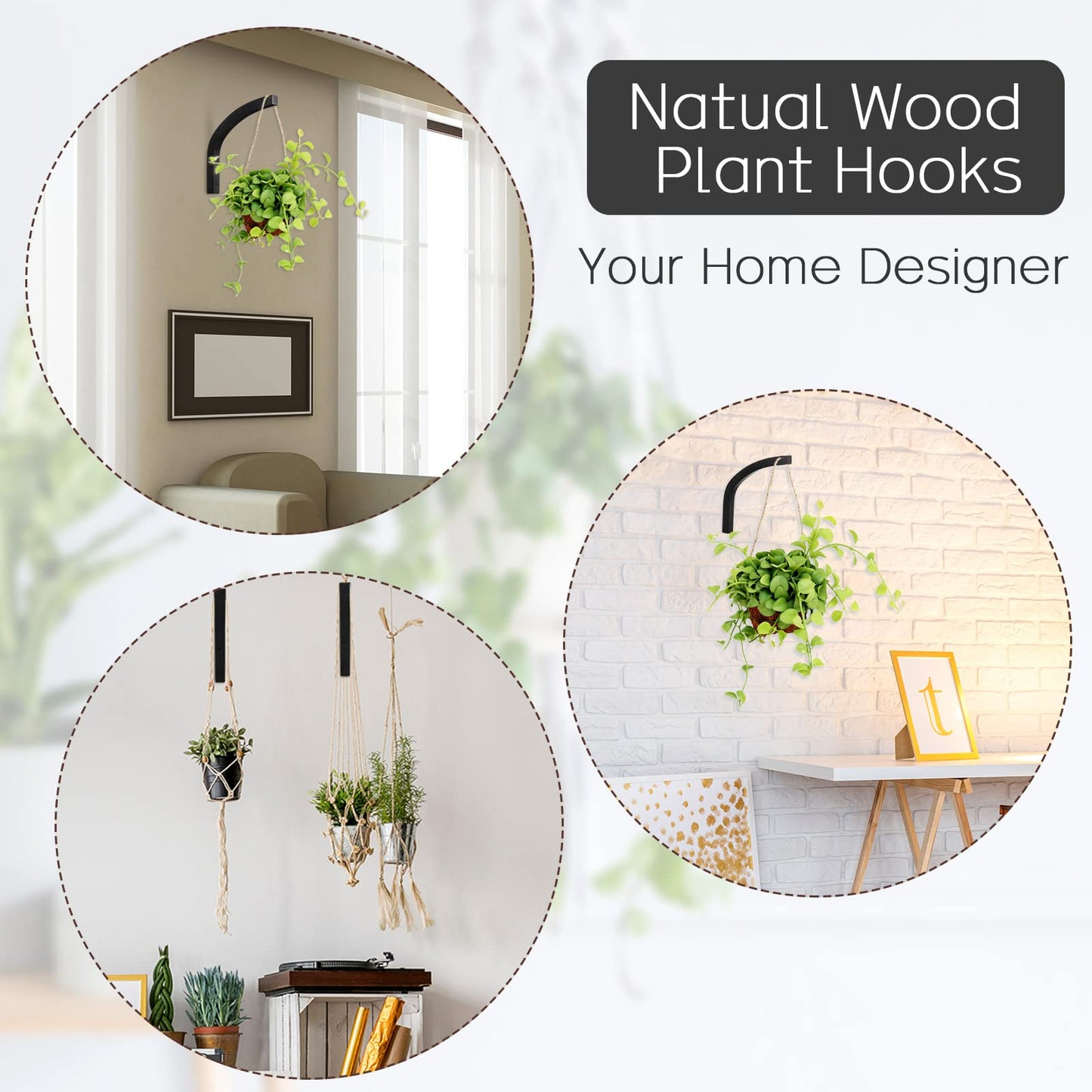 Juexica 4 Pcs Plant Hanger Wooden, 8 Inch Hanging Plant Hooks for Indoors and Outdoor, Wall Mounted Hanging Hook Brackets for Planters Lanterns Wind Chimes and Bird Feeders Patio Decor(Black)