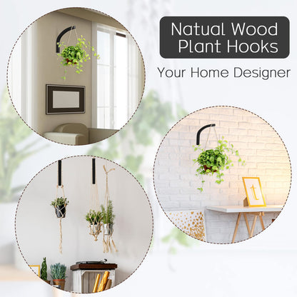 Juexica 4 Pcs Plant Hanger Wooden, 8 Inch Hanging Plant Hooks for Indoors and Outdoor, Wall Mounted Hanging Hook Brackets for Planters Lanterns Wind Chimes and Bird Feeders Patio Decor(Black)