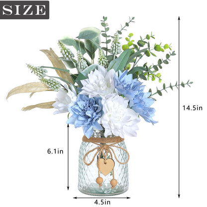 Faux Flowers with Vase,Artificial Silk Flowers in Vase, Fake Plant Eucalyptus and Willow,Flower Arrangement for Home Farmhouse Dining Table Centerpiece Decorations Coffee Table Decor (Dusty Blue)