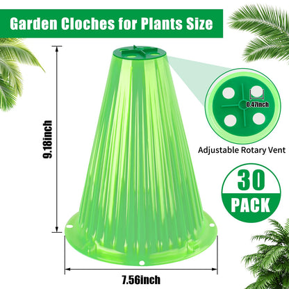 UQM 30 Pack Garden Cloches for Plants, Reusable Bell Plant Protector with Rotary Vent Cover, Garden Protection from Animals Snails Birds Chickens Insect, 9.18" H X 7.56" D (Green)