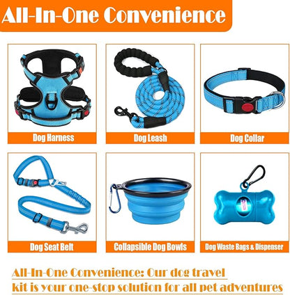 LOBEVE No Pull Dog Harness, Collar & Leash Set with Retractable Dog Seat Belt, Collapsible Dog Bowls and Poop Bag Dispenser - Ideal for Training, Walking, Hiking - Fits Small to Large Dogs(Blue-M)