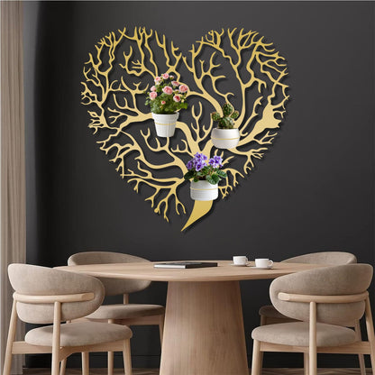 OZF Tree of Life Metal Wall Mounted Plant Holder, Tree Heart Wall Hanging Plant Holder, Branch Metal Plants Stand for Living Room (Black, 18"x 18"| 48x47cm, 2 Pack 8" Flower Pot Holder Ring)