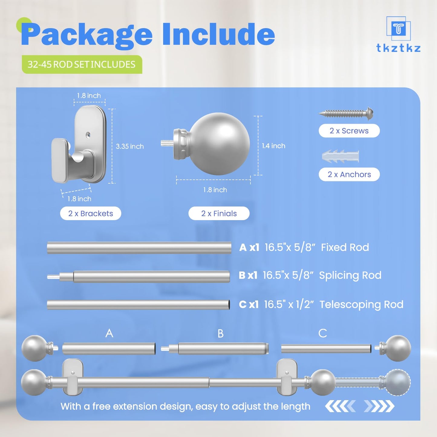Curtain Rods No Drilling for Windows 32 to 45 Inch:No Drill Small Silver Curtain Rod with Adhesive Brackets for Bedroom,5/8" Apartment Renter Friendly Adjustable Drapery Rods Easy Install