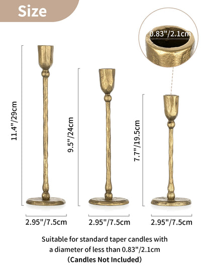 NUPTIO Iron Taper Candle Holders: Antique Brass Candlestick Holder for Thanksgiving Christmas Party - Set of 3 Tall Gold Candles Stick Decor for Fireplace Table Centerpiece