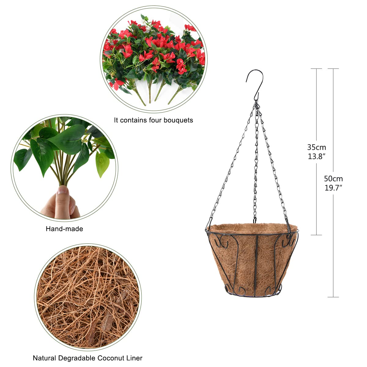 Homsunny Artificial Hanging Flowers Plants Basket for Outdoor Decoration,4 PCS Faux Silk Bougainvillea Vine Flowers Look Real UV Resistant for Outside Porch Patio Yard Garden Decor(Red)