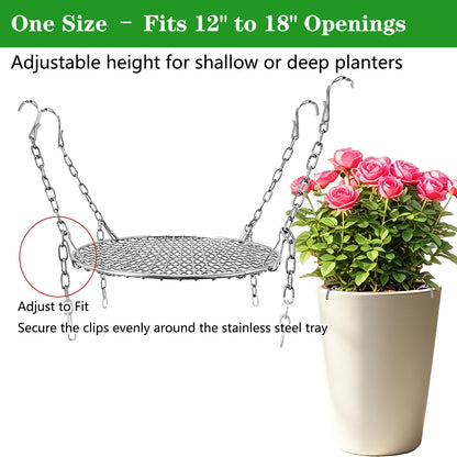 CHENGLAI Stainless Steel Adjustable Height Planter Insert for Large Pots, 4 Hooks with Chains Plant Riser for Inside Pots, Fits Flower Pot Opening 12-18" Wide, Indoor Outdoor Use