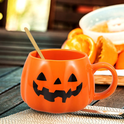 Healifty Halloween Pumpkin Mug with Spoon 12 Oz Ceramic Coffee Cup Pumpkin Shape for Home Office Tea Juice Milk Water