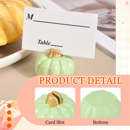 PATIKIL Pumpkin Place Card Holders, (4Set, Green) Mini Resin Pumpkin Table Number Stands with Card, Fall Table Decor Suit for Thanksgiving/Weddings/Banquet/Thanksgiving/Autumn Party Decor