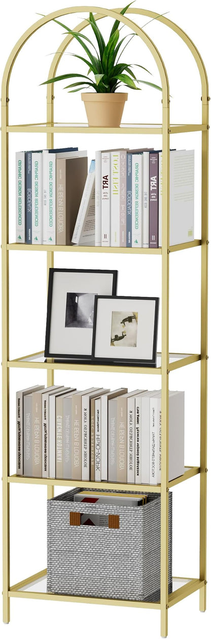 Homhedy Bookshelf Arched Display Racks,Metal Bookcase,Tempered Glass Shelves,Storage Rack Shelf for Home Office,Living Room,Bedroom, Bathroom,Modern Style (Golden, 11.8" D x 13.8" W x 57.1" H)