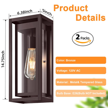 Slypadan Outdoor Light Fixture 15in Oil-Rubbed Bronze Waterproof Wall Sconces 2-Pack with Clear Glass Shade