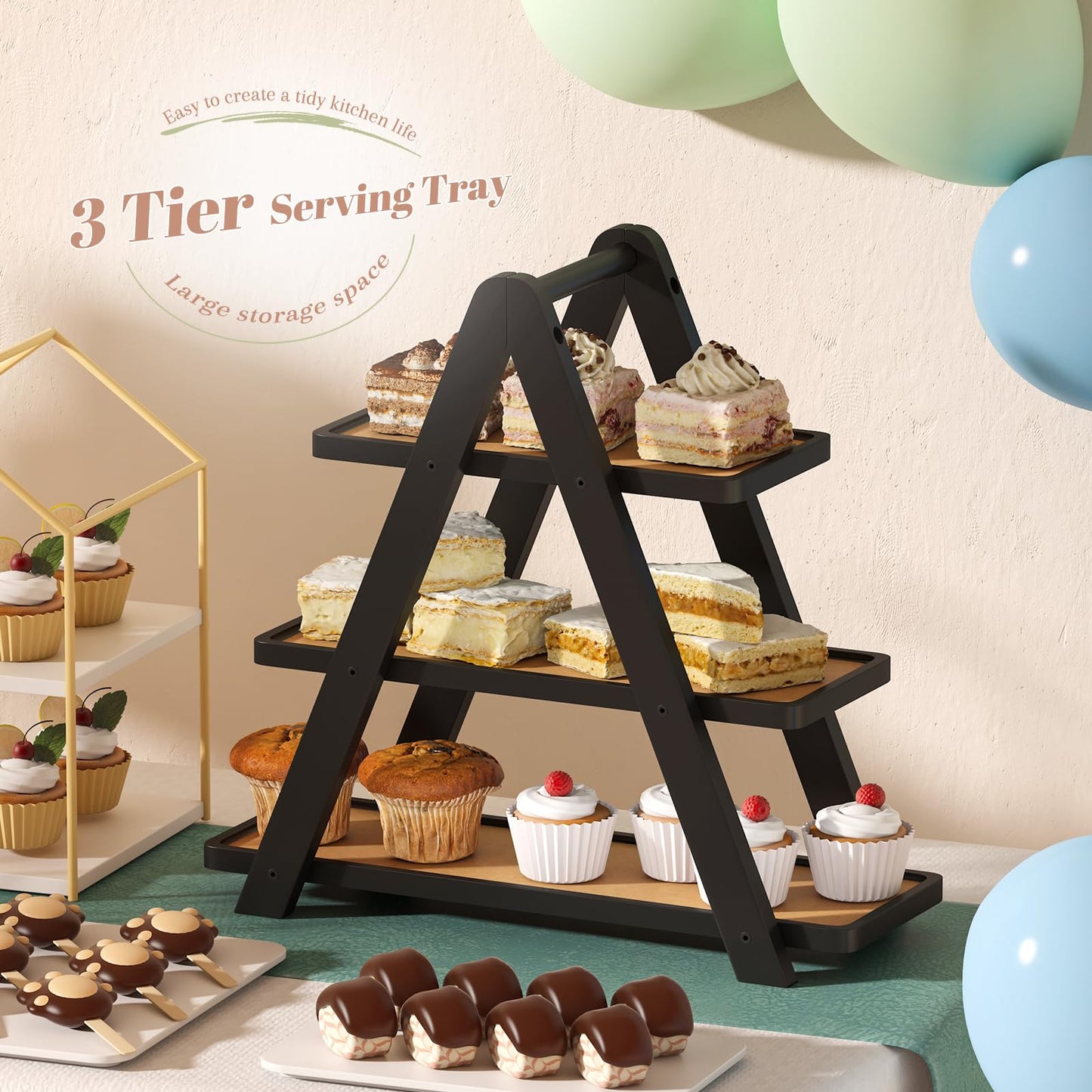 3 Tier Serving Tray Cupcake Stand and Towers Serving Tray for Party Food Tray Farmhouse Serving Platter Decorative Tray Decor Dessert Display Set Tiered Tray Stand (Black)