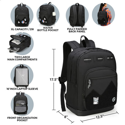 Swissdigital Design Big Student Laptop Backpack with Fun Personalized Patches For College Boy & Girl, Middle High School Teen Bookbag Cool Travel Daypack Black- Includes 3 Patches | SD1718-01