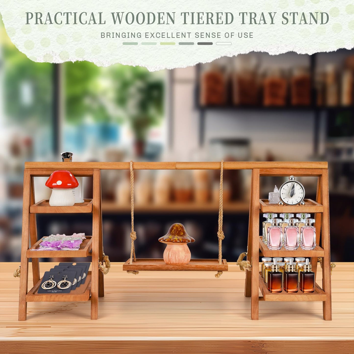 Whiidoom Cupcake Stand, 3 Tier Wood Cupcake Display Stand with Swing, Dessert Table Display Set with Serving Tray for Dessert Display for Party, Wedding, Farmhouse Decor (Brown)