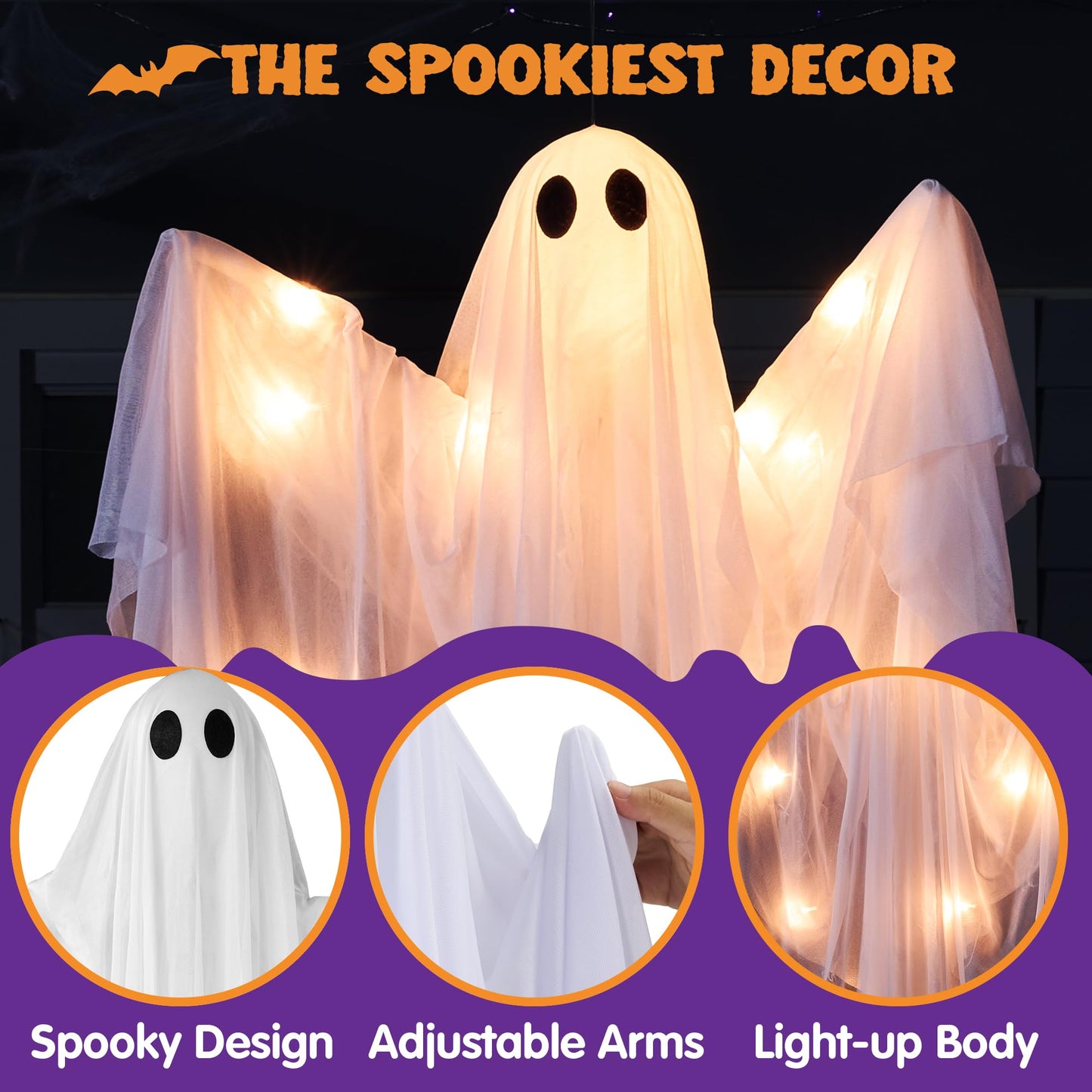 JOYIN Halloween Hanging Light up Ghost with Spooky Warm White LED Light, 47” Halloween Hanging White Ghost Decoration for Front Yard Patio Lawn Garden Party Decor Indoor Outdoor