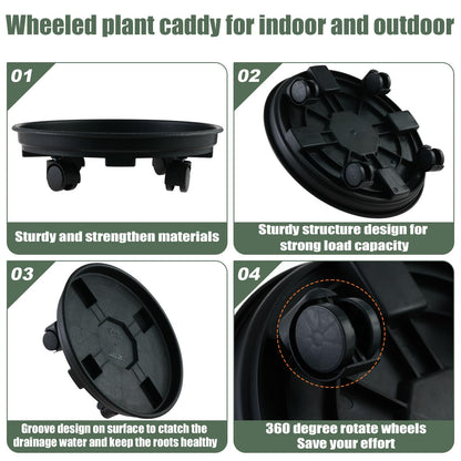 6 Packs 11.8 Inches Large Plant Caddy with Wheels Plant Saucers on Wheels Rolling Plant Stands Heavy-duty Plant Dolly Plastic Planter Roller Base Pot Movers Outdoor Plant Tray Coaster, Black