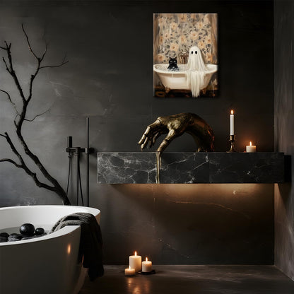 Halloween Ghost Bathroom Canvas Wall Art, Horror Ghost and Cute Black Cat in Bathtub Pictures Wall Decor, Gothic Dark Academia Paintings Prints for Toilet Dorm 12x16 inch Framed