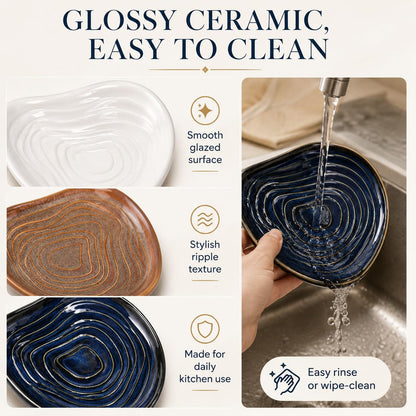 Ceramic Spoon Rests for Stove Top, 3 Pack Spoon Holder for Kitchen Counter, Utensil Rest Set for Cooking Spoons, Ladles and Spatulas, Blue White Khaki Kitchen Accessories