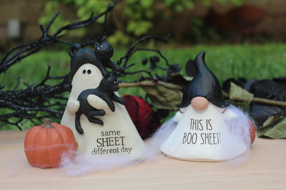 Blossom Bucket Halloween Ghost with Black Cats and Pumpkin Figurine, Same Sheet Different Day Design
