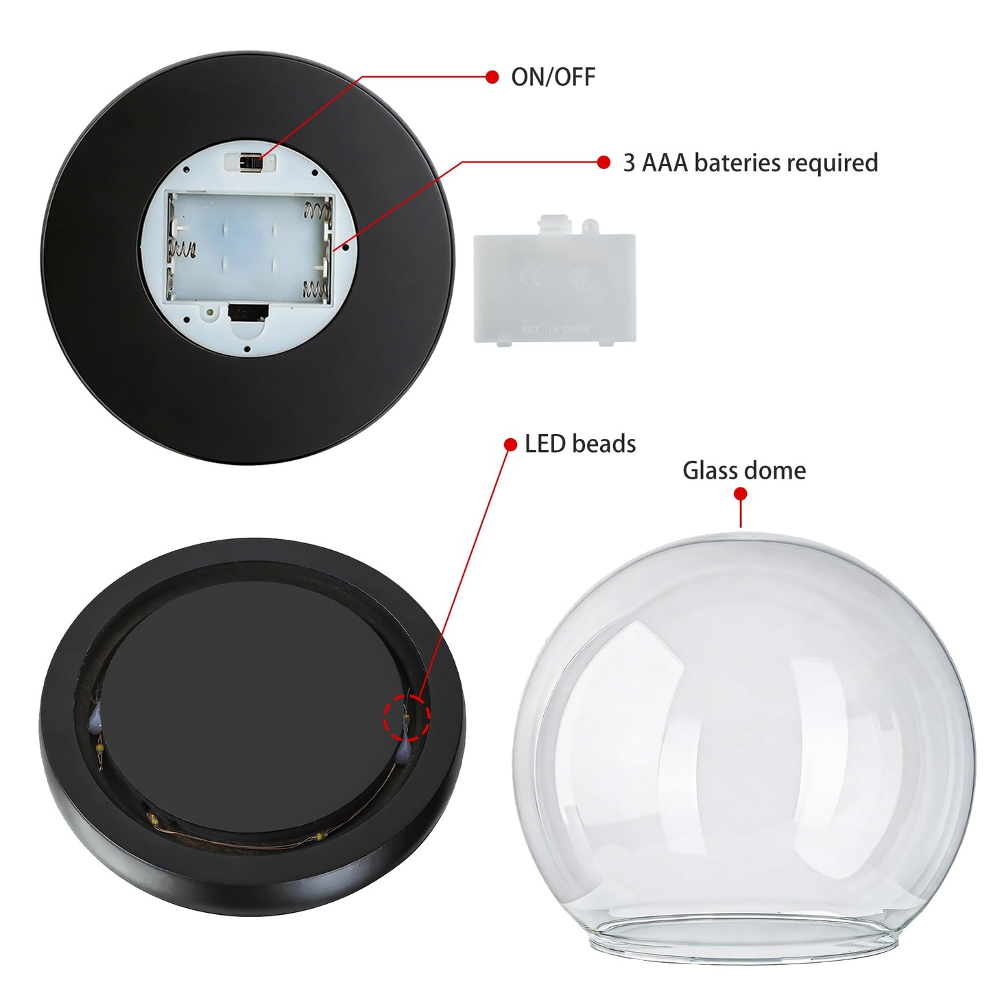 6inch Round Glass Cloche Display Dome with Black LED Lights Base Decorative Glass Display Bell Jar for Plants Keepsakes Collectibles