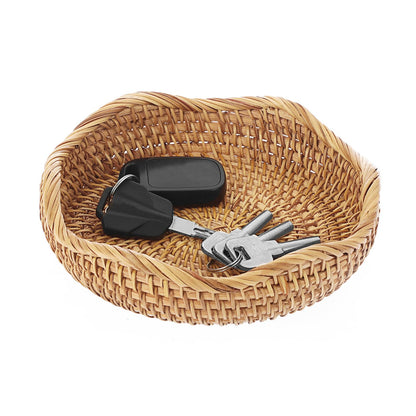 Hipiwe Round Key Basket Bowl for Entryway 7.3" Natural Rattan Fruit Bowl Woven Wicker Basket Serving Tray Rattan Organizer Decorative Baskets for Kitchen Counter Bedside Living Room