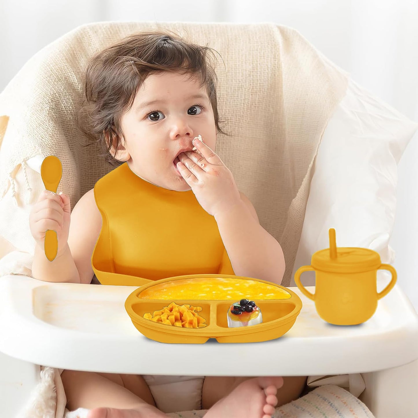 Dormlony 100% Silicone baby feeding set,BPA free Baby dishes set with Suction Bowl Divided Plate,Toddler Self Feeding Dish Set with Spoons Forks Sippy Cup And Bib, Baby Eating Utensils (Pumpkin)