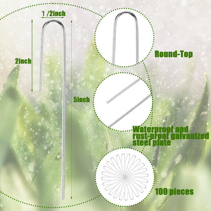 Agolctry 100Pcs Irrigation Drip Tubing Landscape Staples J Shape Garden Stakes 5 Inch Landscaping Staples Lawn Pins for Drip Tubing (Designed to Hold Drip Tubing Up to 1/2"" Diameter), Sliver