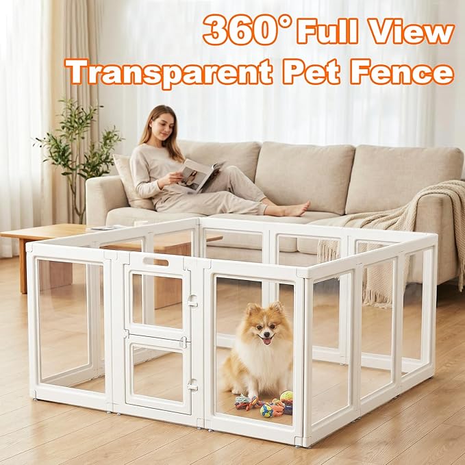 Acrylic Dog Playpen,Clear Plastic Dog Play Pen Indoors,Easy Assemble Dog Playpen-Puppy Playpen,Rabbit and Cat, Small Pet Pen, Dog Pen Indoor (White, 30.3" H, 8PCS)