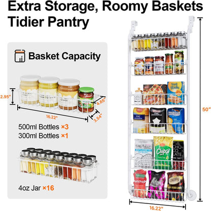 Delamu Over the Door Pantry Organizer, 6-Tier Pantry Organizers and Storage, Metal Cabinet Door Organizer, Hanging Spice Rack Shelves for Home & Kitchen, D5 x W18 x H50 inch, White