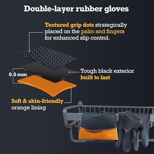 Heavy-Duty Thick Black Rubber Cleaning Gloves, 2 Pairs, XL | Reusable & waterproof black/orange dual layers. Non-slip design for dishwashing, kitchen cleaning, and auto care.