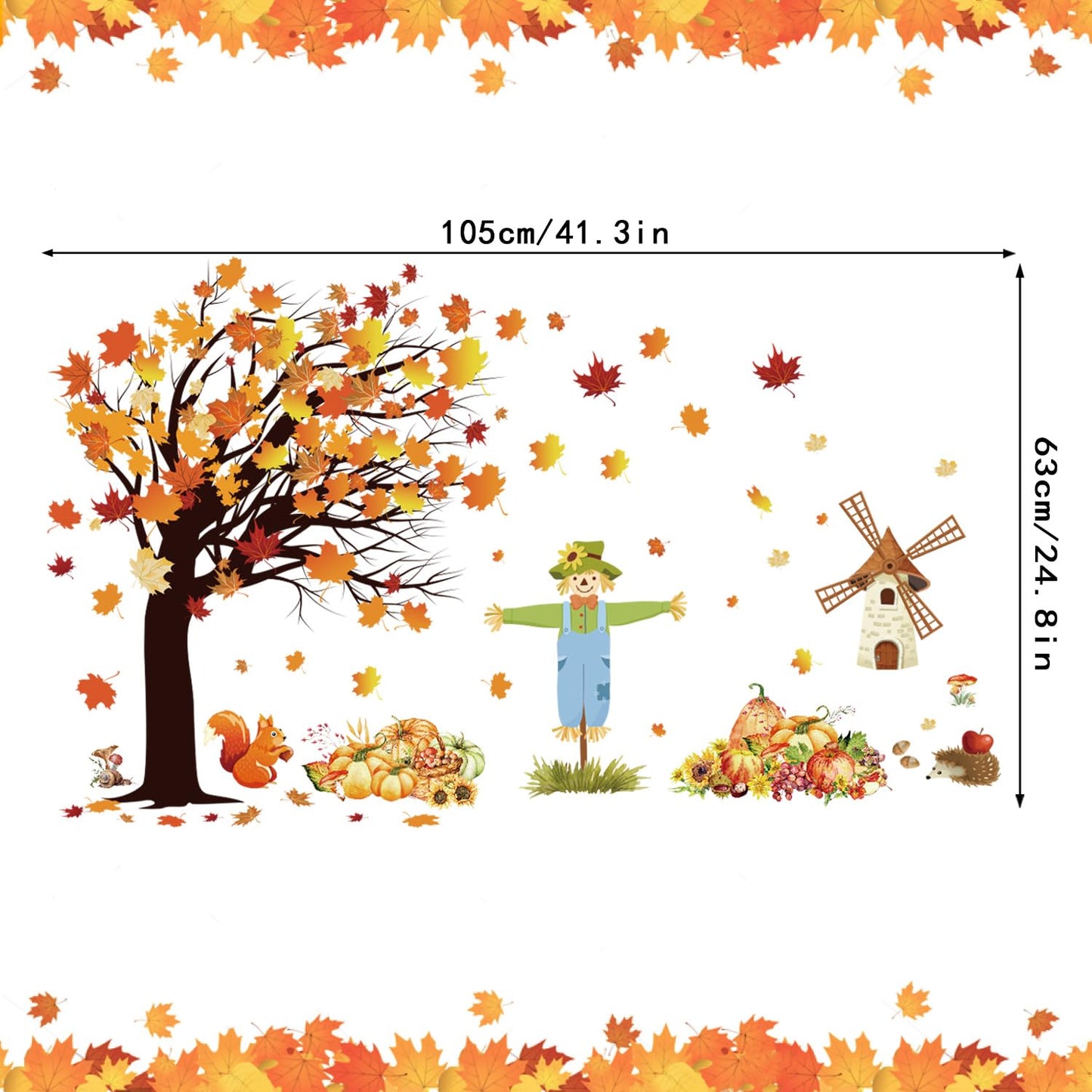 Fall Maple Leaves Wall Decals Autumn Pumpkin Scarecrow Wall Stickers Thanksgiving Fall Tree Wallpaper Cute Sqiirrel Windmill Mural DIY Removable Wall Art for Kids Bedroom Playroom