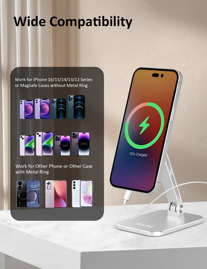 Aoviho Magnetic Phone Stand for MagSafe Adjustable - Aluminum Portable Phone Holder for Desk with 360° Rotating Head Compatible with iPhone 16/15/14/13/12 Pro Max and Magnetic Phone Case, Silver