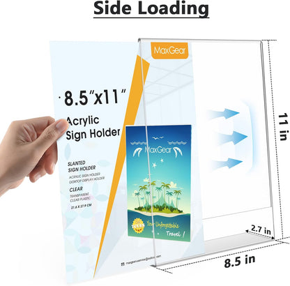 MaxGear Acrylic Sign Holder, Clear Sign Holders Plastic Display Stand 8.5 x 11 Inches Slant Back Countertop Display Picture Frames for Menus, Flyer, Use In Office, Store, 3 Pack