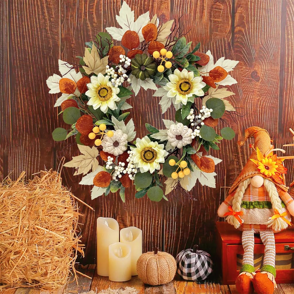 20 Inch Fall Sunflower Wreath for Front Door, Artificial Autumn Wreath with Pumpkins, Berries, White Sunflowers and Silk Leaves for Thanksgiving Farmhouse Home Window Wall Office Indoor Outdoor Decor