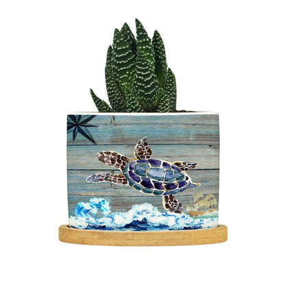 DreamAutumn Ocean Theme Sea Turtle Ceramic Pots for Plants with Drainage Holes Round Flower Pot Bamboo Tray Orchid Pot Succulents Pots for Outdoor Indoor Plants,Housewarming Gifts