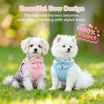 Small Dog Collar Harness and Leash Set, Dog Harness no Pull with Bowtie, Breathable Cotton Adjustable Pet Puppy Harness, Easy Walk Dog Harness, M(16-21")