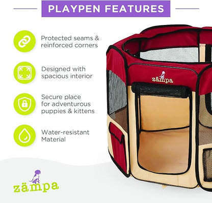 Zampa Puppy Pop Up Portable Playpen for Dog and Cat, Foldable | Indoor/Outdoor Kitten Pen & Travel Pet Carrier + Carrying Case (Red, Small (36"x36"x24"))