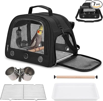 Bird Carrier, Lightweight Breathable Bird Backpack, Portable Wild Bird Carrier with Standing Perch for Parrot Travel Vet Visit (Black)