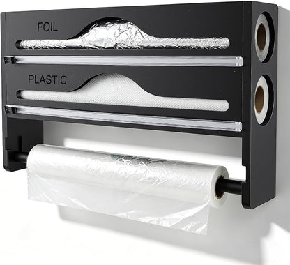 Plastic Wrap Dispenser with Cutter, 3 in 1 Tin Foil Wrap Dispenser Wall-Mounted Organizer for Baking Paper, Foil Dispenser with Cutter Wax Paper Holder Kitchen Storage Box (black)