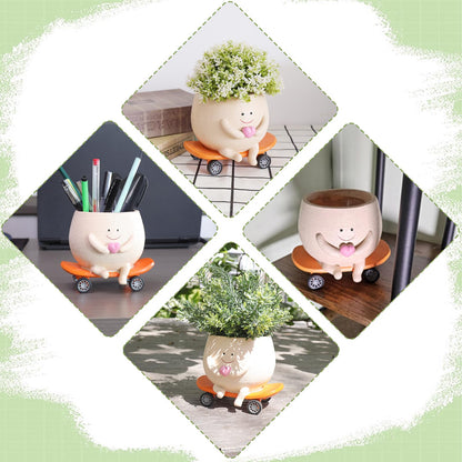 Funny Smily Face Planter Pot with Drainage Hole for Indoor and Outdoor Unique Resin Rolling Skate-Shaped Succulent Flower Pots Novelty Gift for Valentine's Day, Home Decors