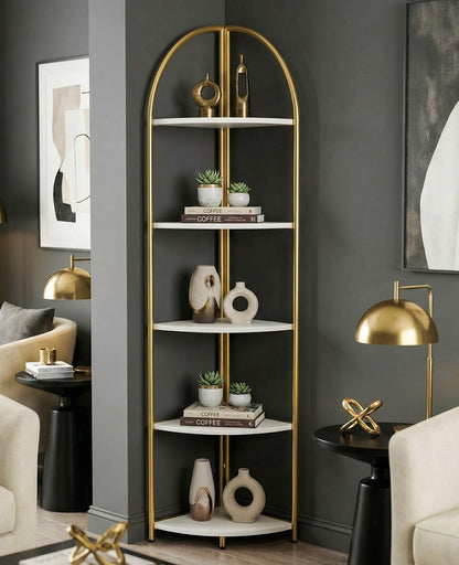 Rifoer 5 Tier Corner Shelf, Luxury Gold Corner Plant Stand with White Wood Shelves,Modern Metal Corner Bookshelf Display Rack,Premium Corner Storage Shelving Unit for Living Room,Bedroom,Bathroom
